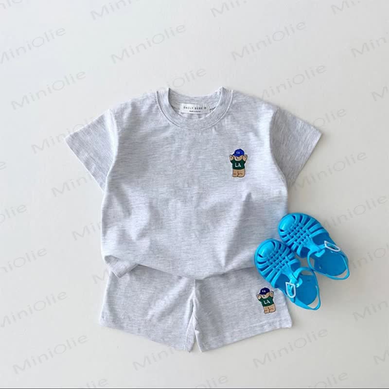 Baby Toddler Cotton Bear Embroidered Tee and Shorts 2-piece Set - Grey - 4-5T - image 7