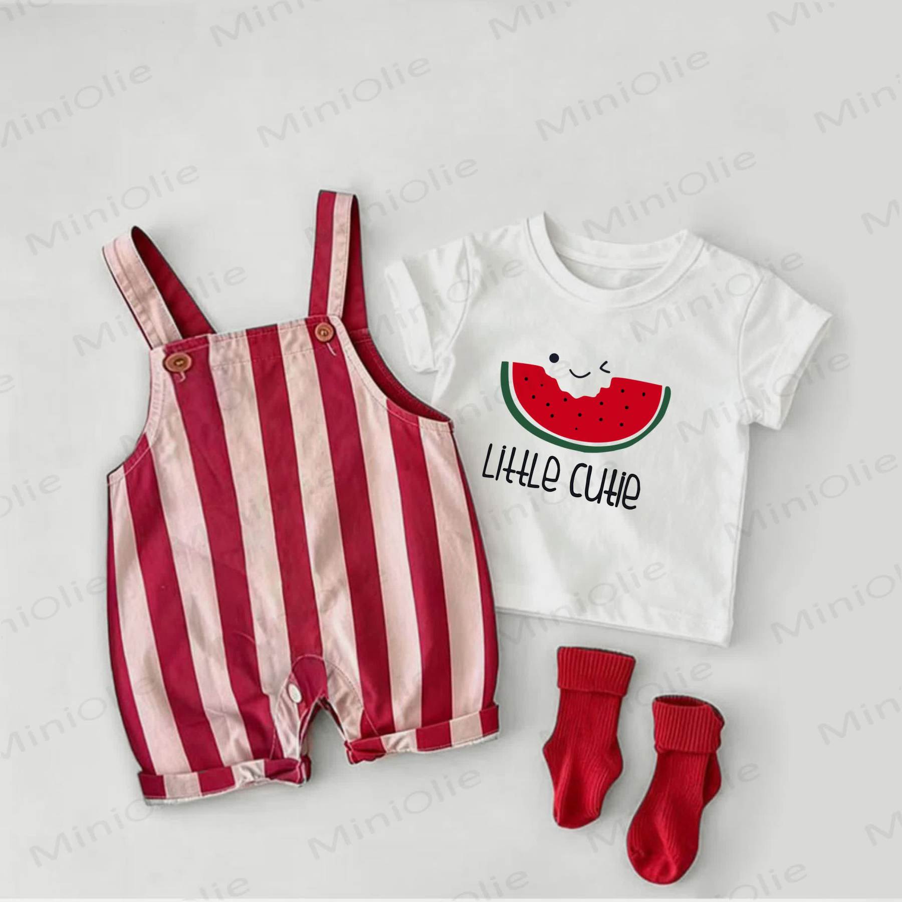 LITTLE CUTIE Baby Watermelon Print Red Stripe Overalls and White Tee 2-piece Set - White&Red - 2-3T - image 1