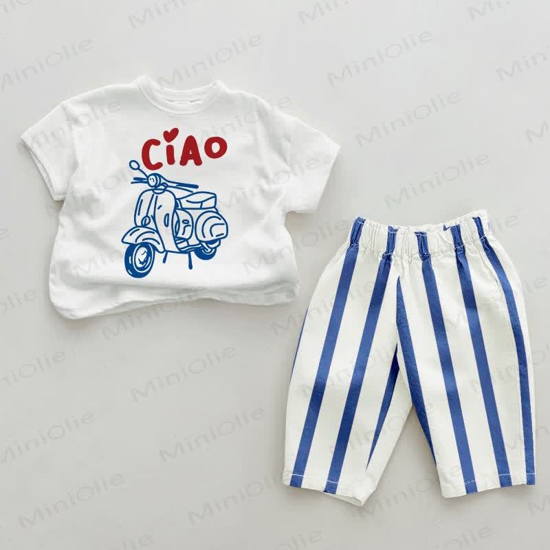 CIAO Baby Blue Electric Vehicle Print Vertical Striped 2-piece Set - White&Blue - 2-3T - image 1