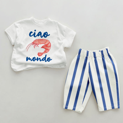 CIAO MONDO Baby Shrimp Blue Vertical Striped 2-piece Set - White&Blue - 2-3T - image 1
