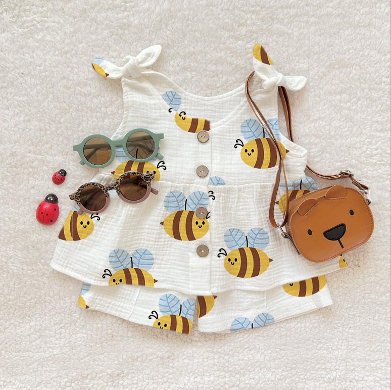 Baby Girl Bee Print Suspenders 2-piece Set - Beige - 2-3T - image 1