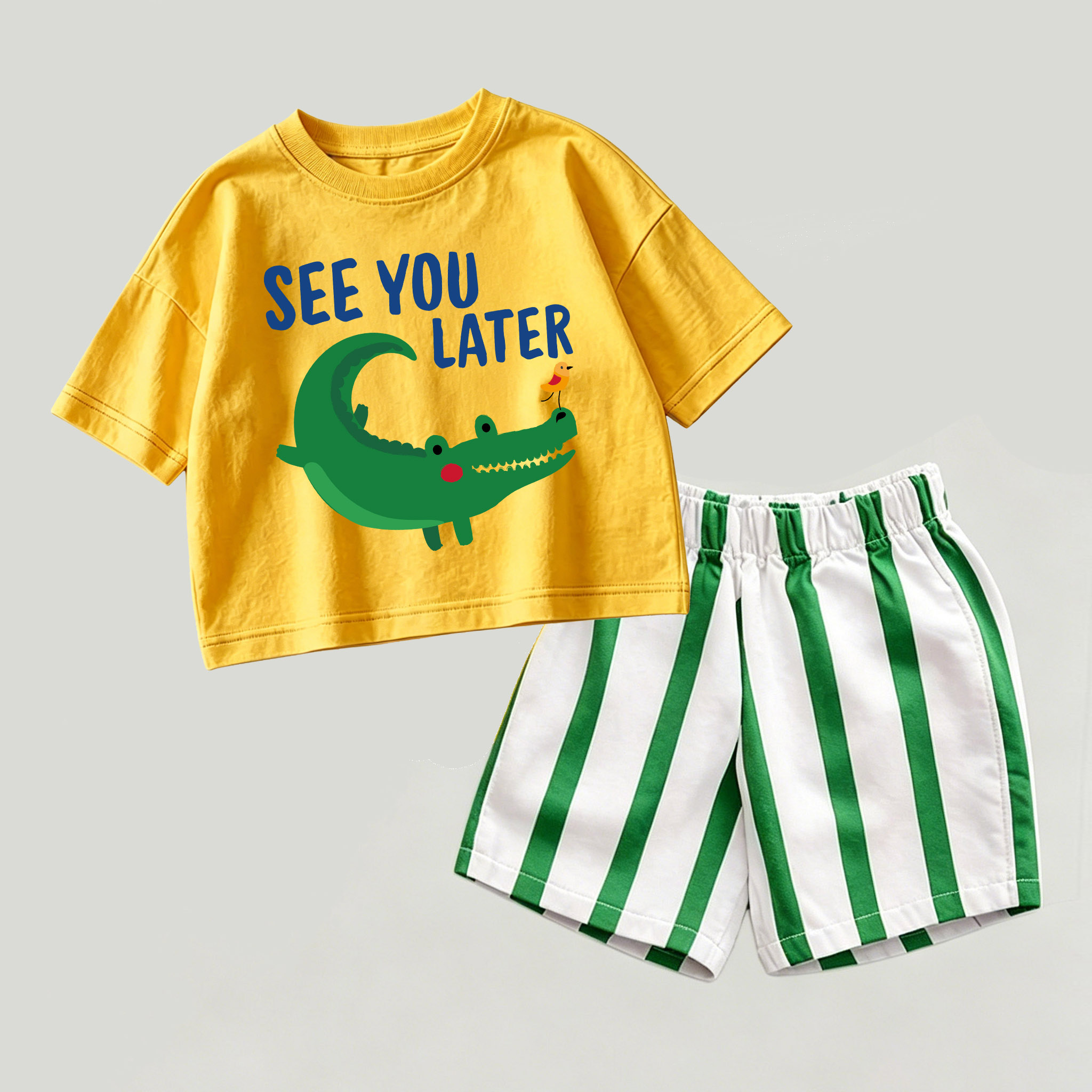 SEE YOU LATER Baby Crocodile and Bird Yellow&Green Top and Striped Shorts 2-piece Set - Yellow&Green - 2-3T - image 1