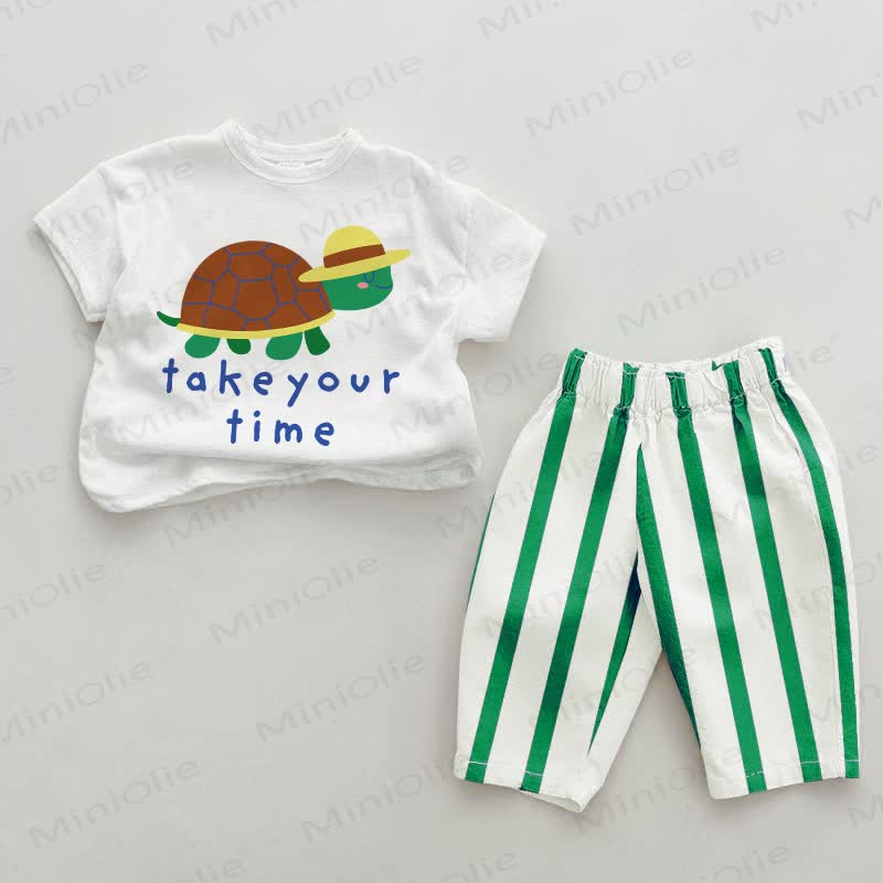 TAKE YOUR TIME Baby Green Tortoise Print Vertical Striped 2-piece Set - White&Green - 2-3T - image 1