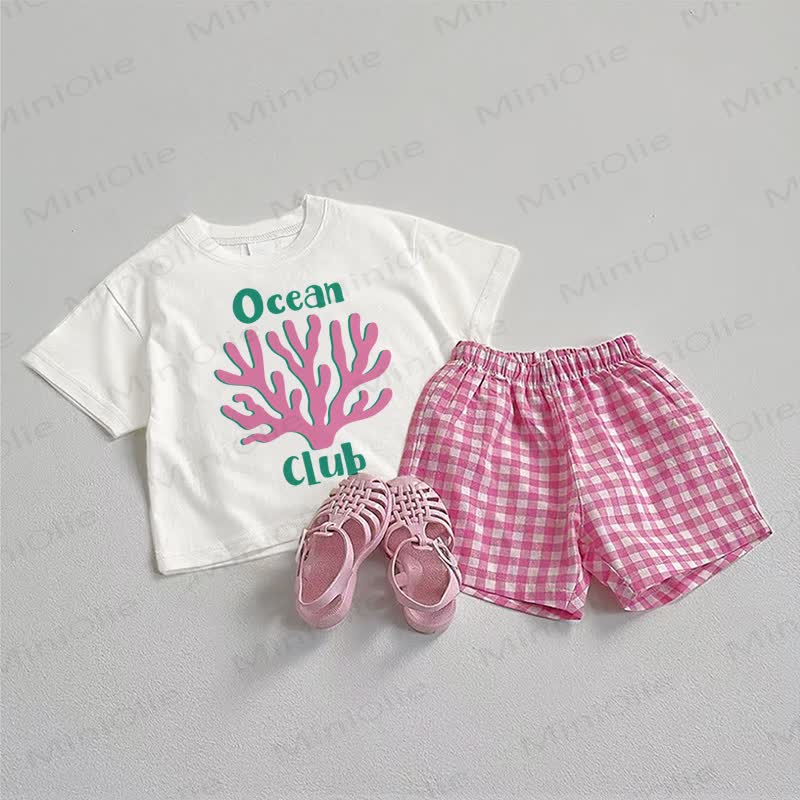 OCEAN CLUB Baby Tee and Plaid Shorts 2-Piece Set - White&Pink - 3-5T - image 1