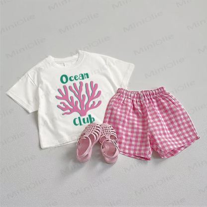 OCEAN CLUB Baby Tee and Plaid Shorts 2-Piece Set - White&Pink - 3-5T - image 1