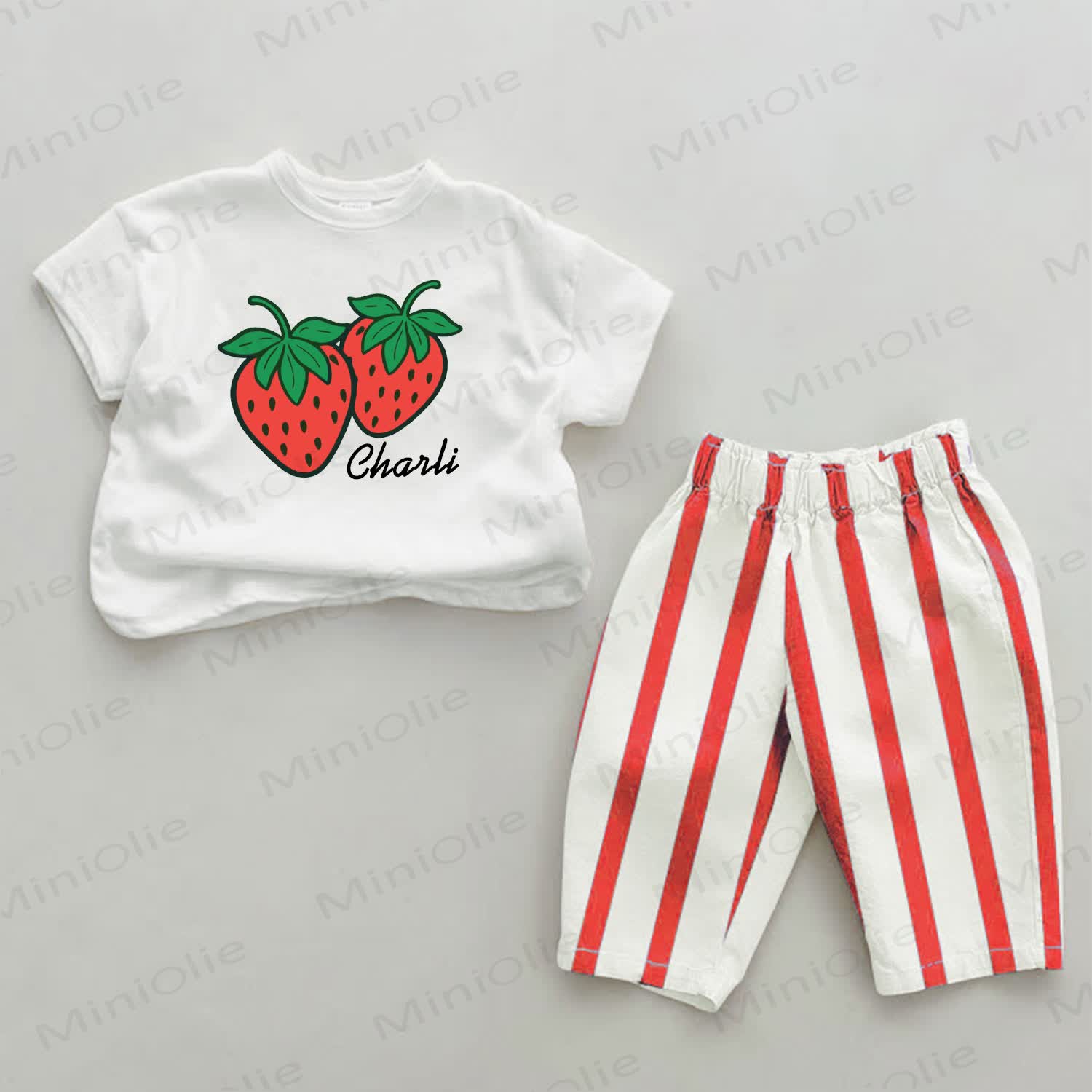 Personalized Strawberry Baby Name Customization Red Striped 2-piece Set - image 1