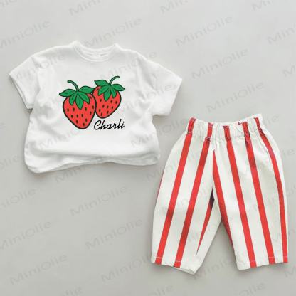 Personalized Strawberry Baby Name Customization Red Striped 2-piece Set - image 1