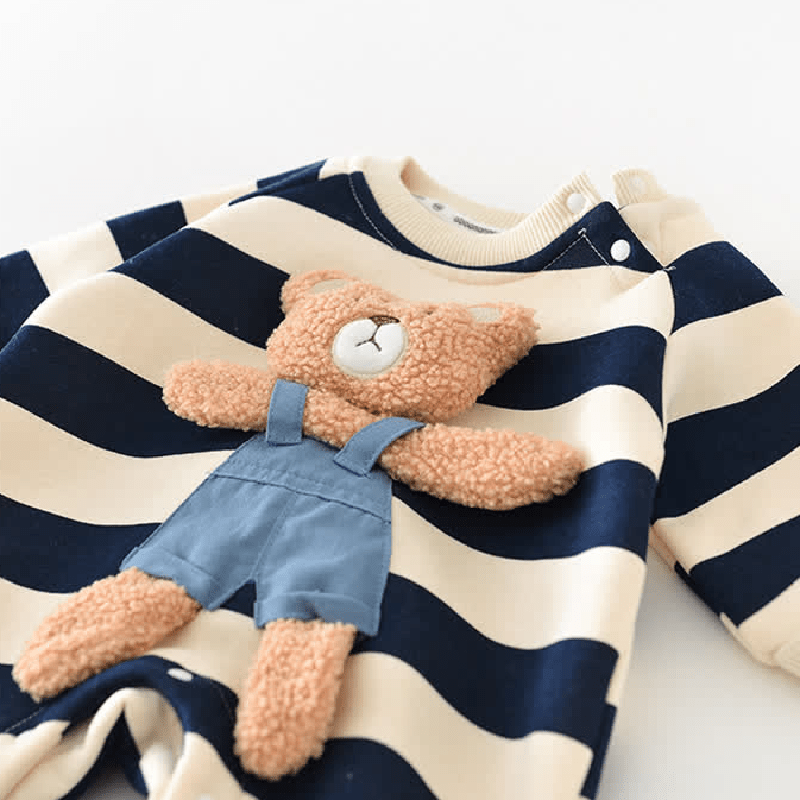 Baby Striped Bear Fleece Lined Romper - image 3