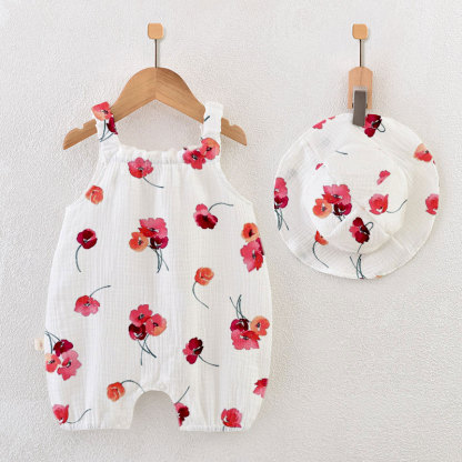 Baby Girls Red Flower Print White Jumpsuit with Hat - White - 12-18M - image 1