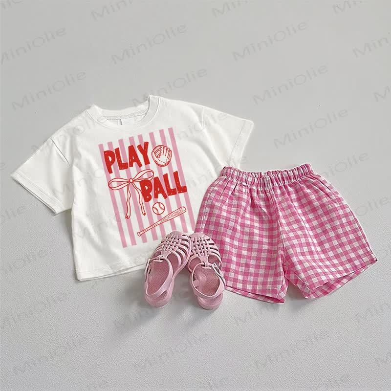 PLAY BALL Baby Tee and Plaid Shorts 2-Piece Set - White&Pink - 3-5T - image 1