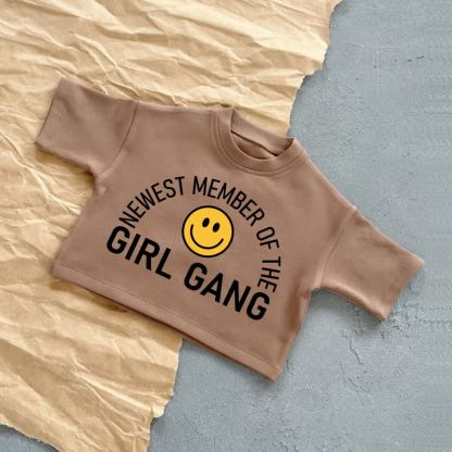 NEWEST MEMBER OF THE GIRL GANG Baby Smiling Face Summer Casual T-Shirt - Brown - 2-3T - image 5