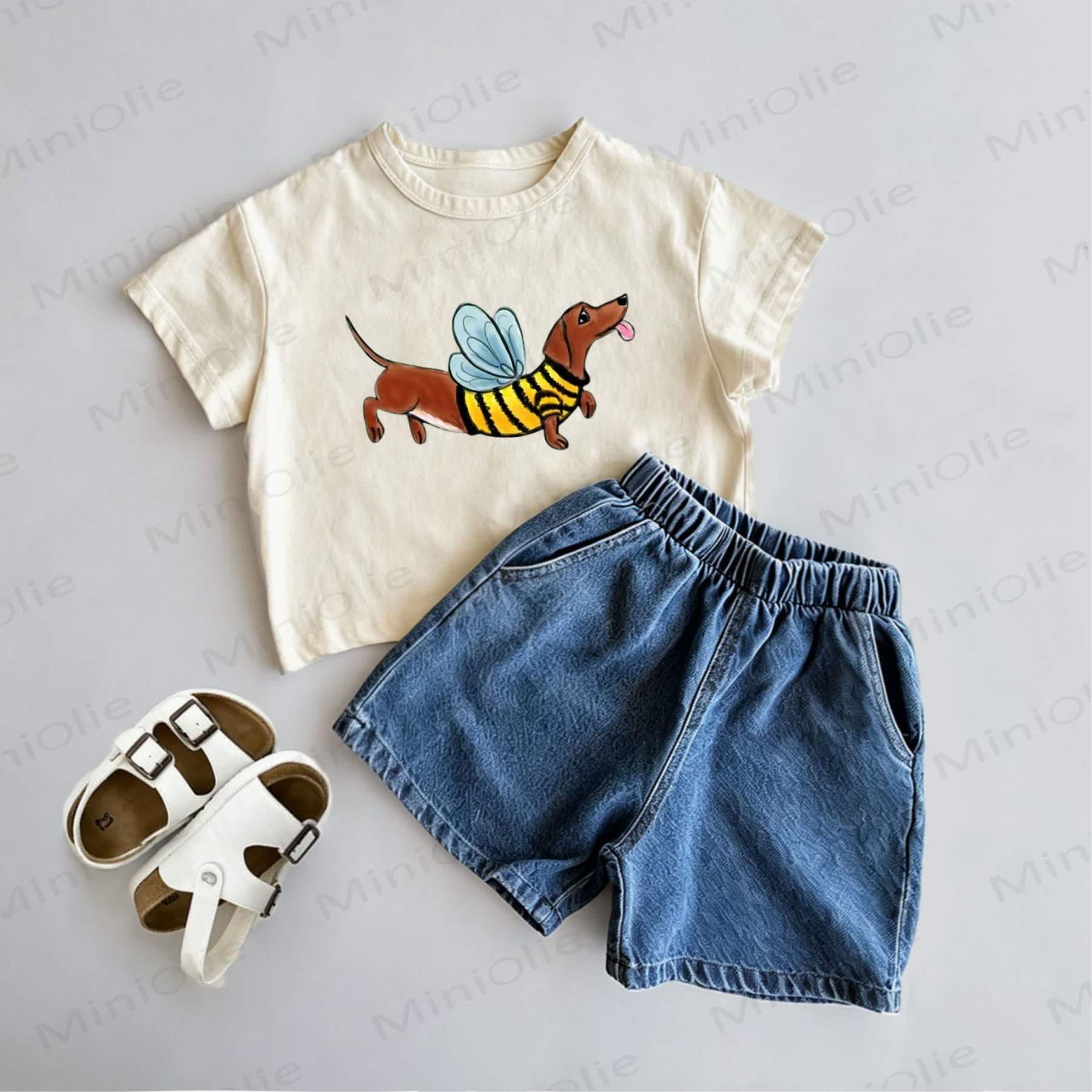 Baby Toddler Dachshund Print Tee and Denim Shorts 2-Piece Set - Beige - 3-5T - image 1