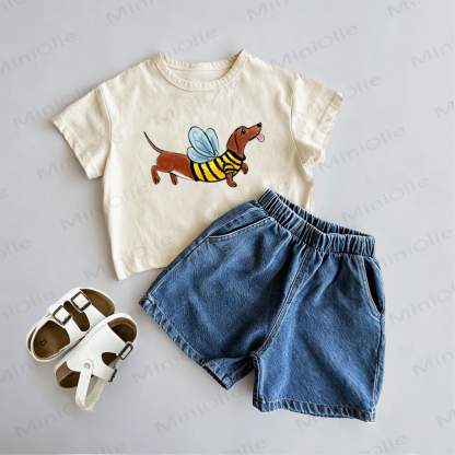 Baby Toddler Dachshund Print Tee and Denim Shorts 2-Piece Set - Beige - 3-5T - image 1