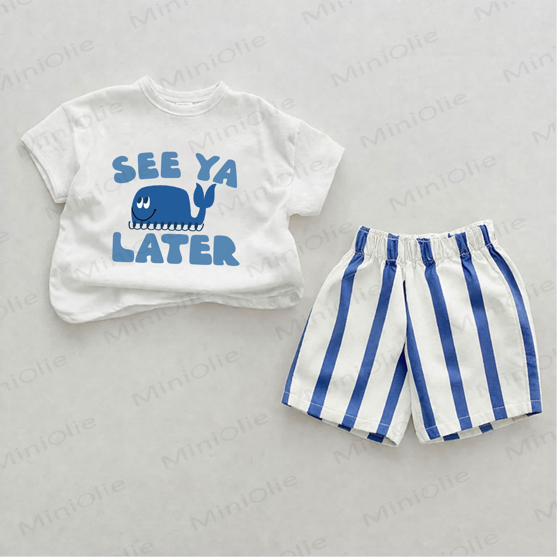 SEE YA LATER Baby Whale Print Blue Vertical Striped 2-piece Shorts Set - White&Blue - 2-3T - image 1