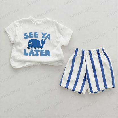 SEE YA LATER Baby Whale Print Blue Vertical Striped 2-piece Shorts Set - White&Blue - 2-3T - image 1