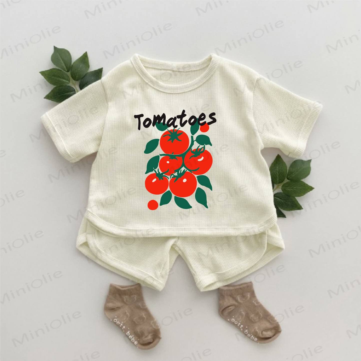 TOMATOES Baby Tomato Print Slogan Waffle 2-piece Set - Apricot - 2-3T - image 1