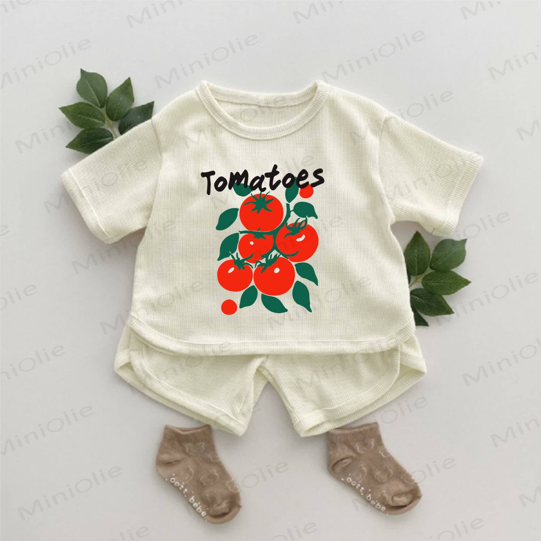TOMATOES Baby Tomato Print Slogan Waffle 2-piece Set - Apricot - 2-3T - image 1
