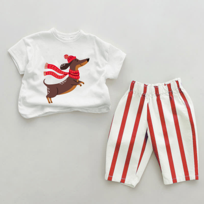 Baby Scarf Dachshund Red Vertical Striped 2-piece Set - White&Red - 2-3T - image 1