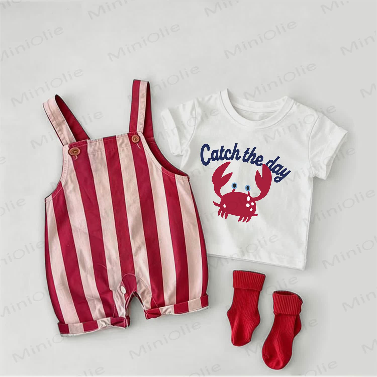 CATCH THE DAY Baby Crab Print Red Stripe Overalls and White Tee 2-piece Set - White&Red - 2-3T - image 1