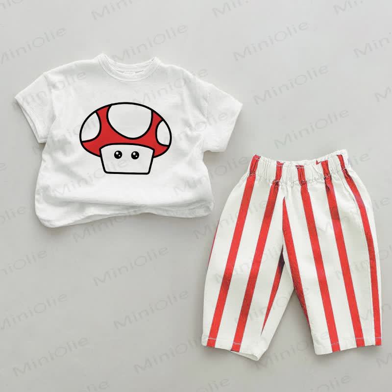 Baby Cute Mushroom Red Striped Pants 2-piece Set - White&Red - 2-3T - image 1