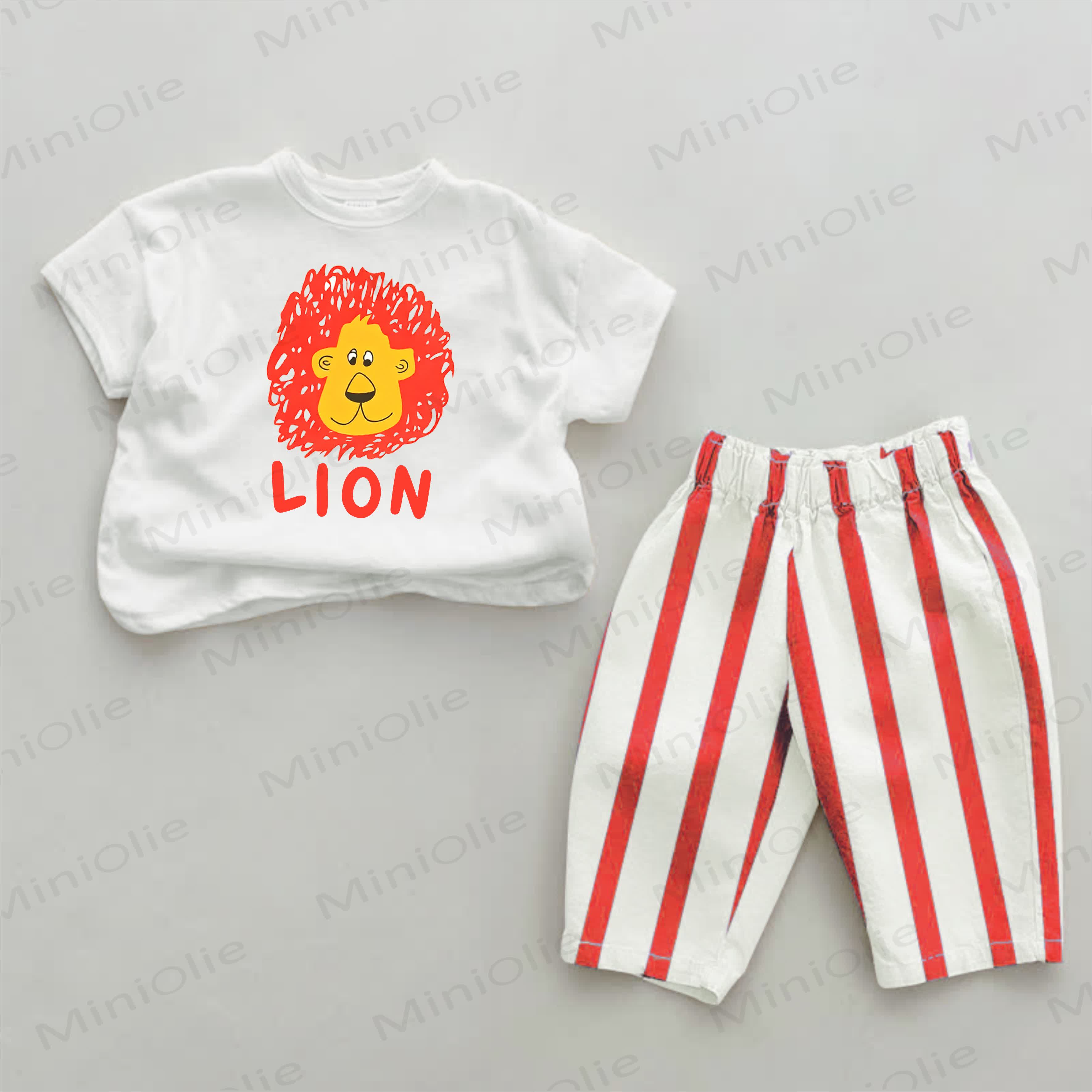 LION Baby Lion Print Red Striped 2-piece Set - White&Red - 2-3T - image 1