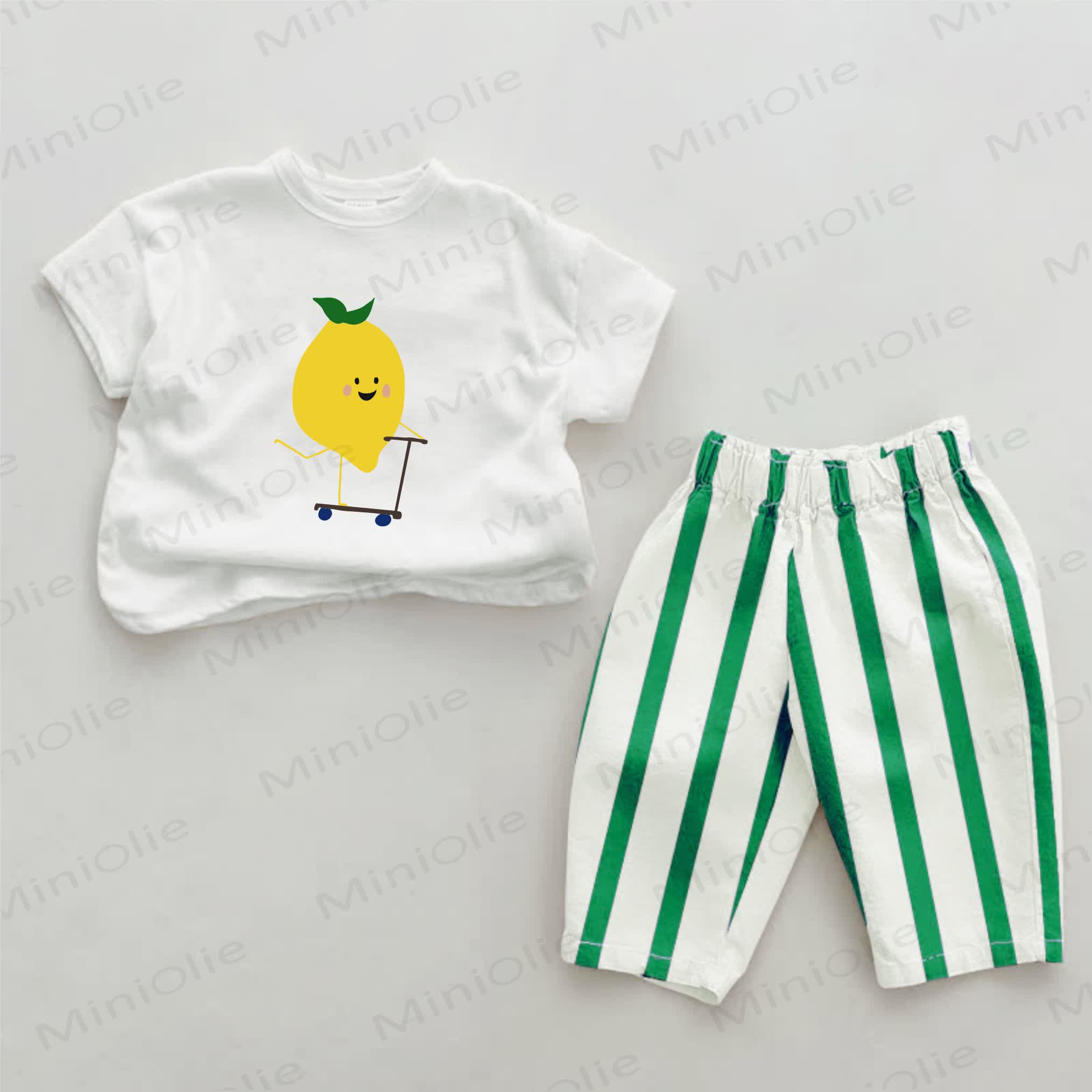 Baby Green Lemon Print Vertical Striped 2-piece Set - White&Green - 2-3T - image 1