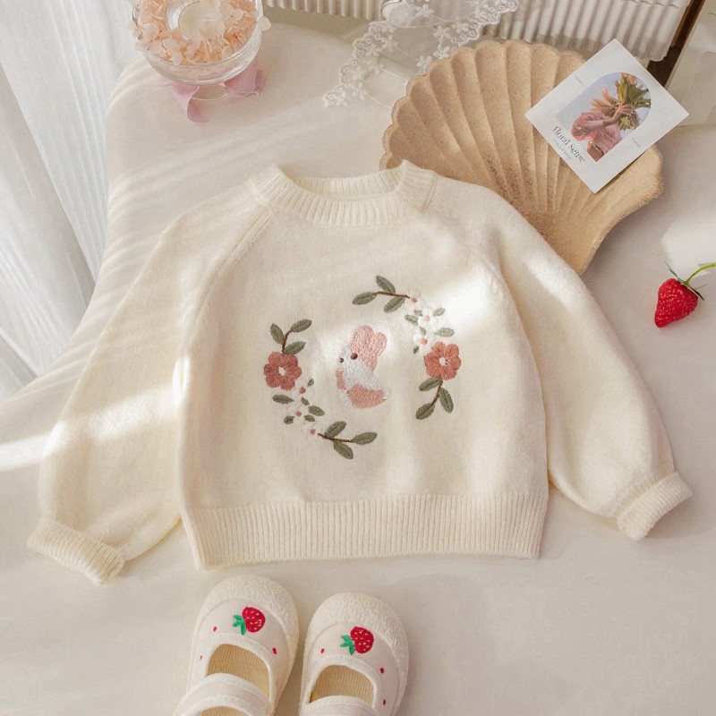 Baby Toddler Floral Bunny Sweater - Beige - 6-7T - image 2