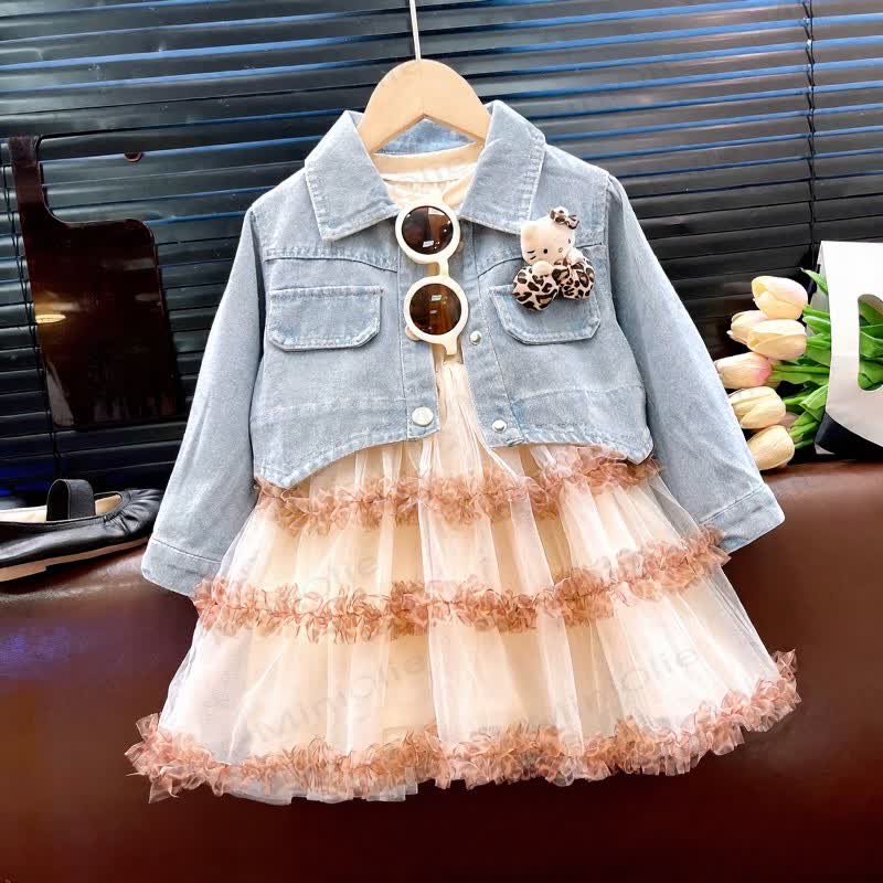 Toddler Girl Denim Jacket Tulle Dress Set - White&Blue - 8-9T - image 2
