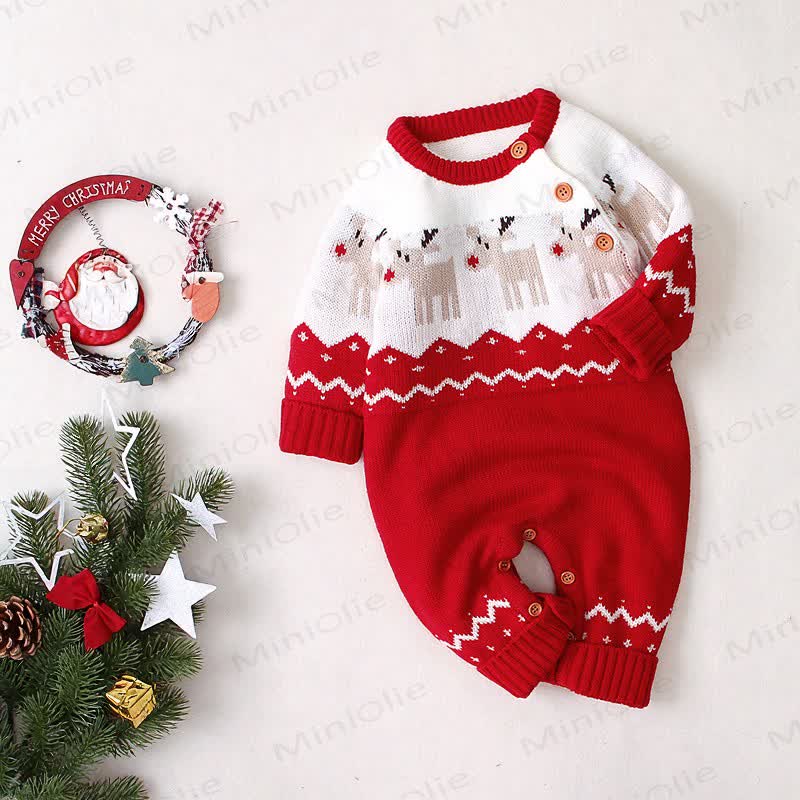 Baby Christmas Reindeer Jacquard Knit Colorblock Romper - Red - 2-3T - image 1
