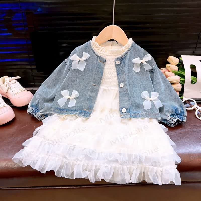 Toddler Girl Bow Denim Jacket Dress Set - image 2