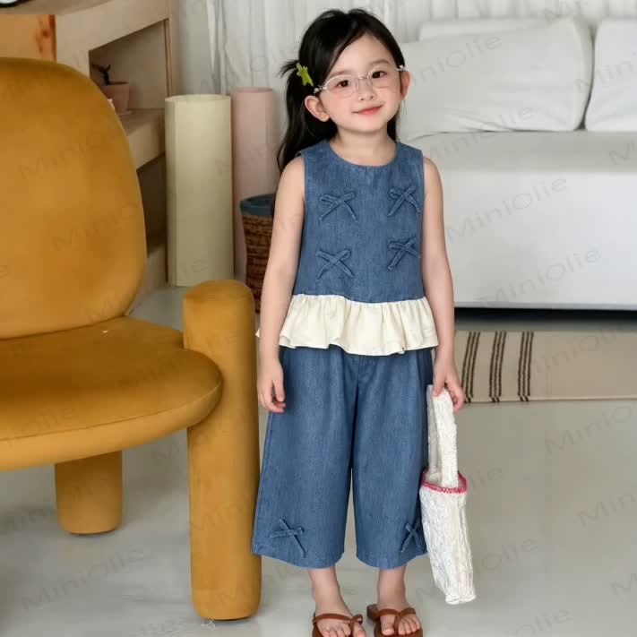 Toddler Girl Denim Bows Sleeveless Set - Blue - 7T - image 1