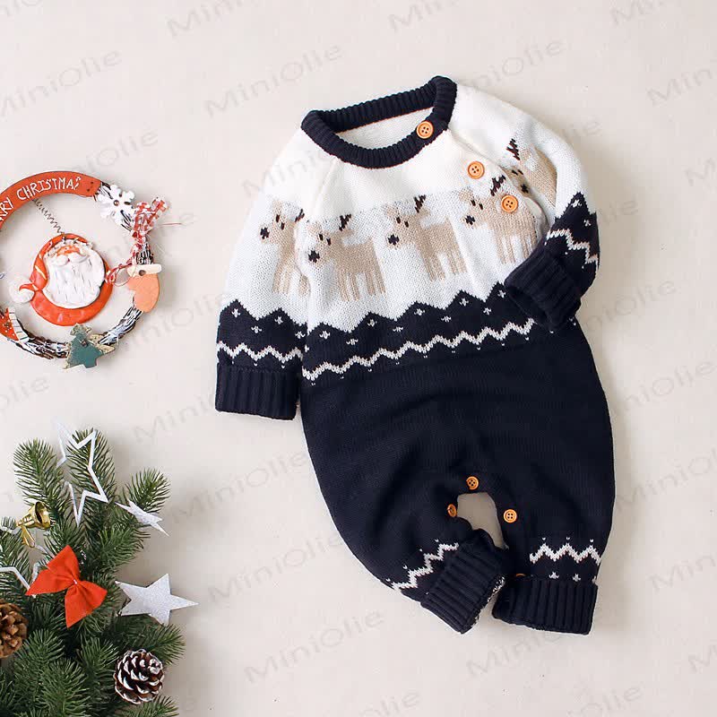 Baby Christmas Reindeer Jacquard Knit Colorblock Romper - Navy - 2-3T - image 4
