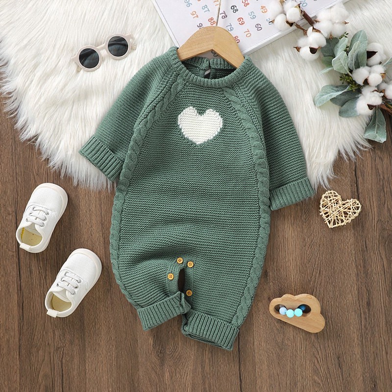 Baby Heart Knit Long Sleeve Romper - Green - 12-18M - image 6
