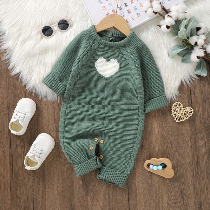Baby Heart Knit Long Sleeve Romper - Green - 12-18M - image 6