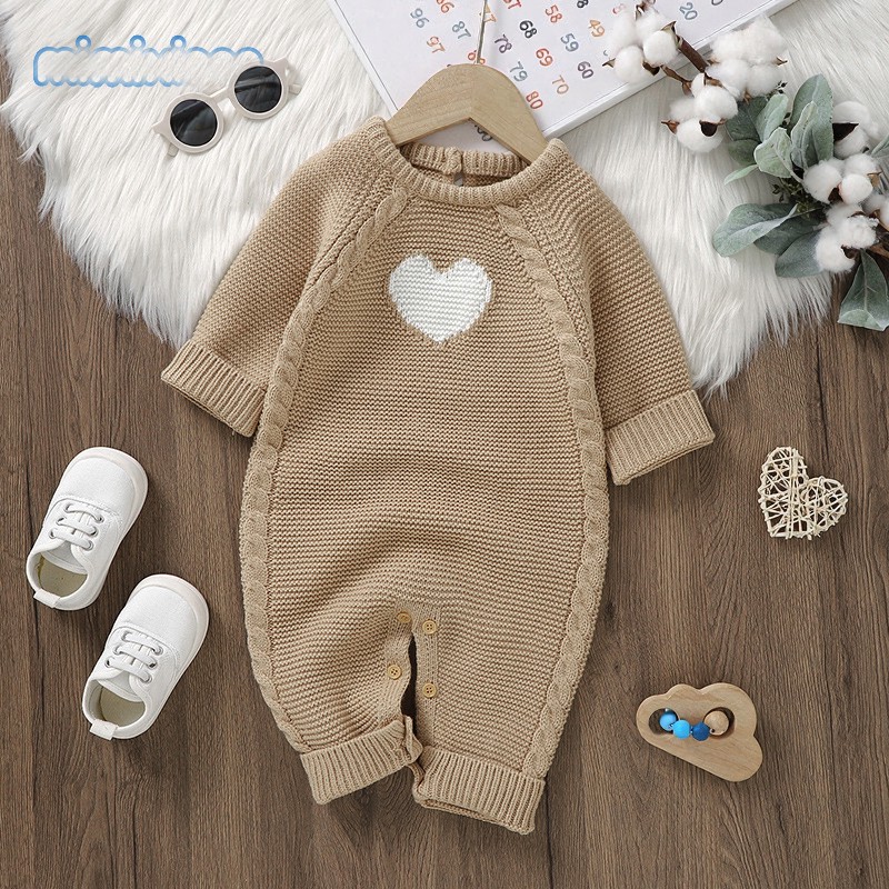 Baby Heart Knit Long Sleeve Romper - Khaki - 12-18M - image 1