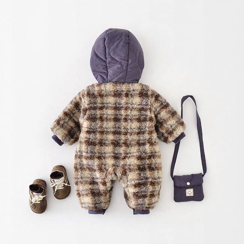 Baby Plaid Fleece Lined Hooded Romper with Bag - image 2