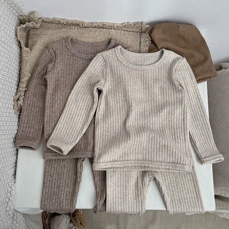 Toddler Baby Solid Color Ribbed Long Sleeve Top and Pants Pyjama Set - image 1