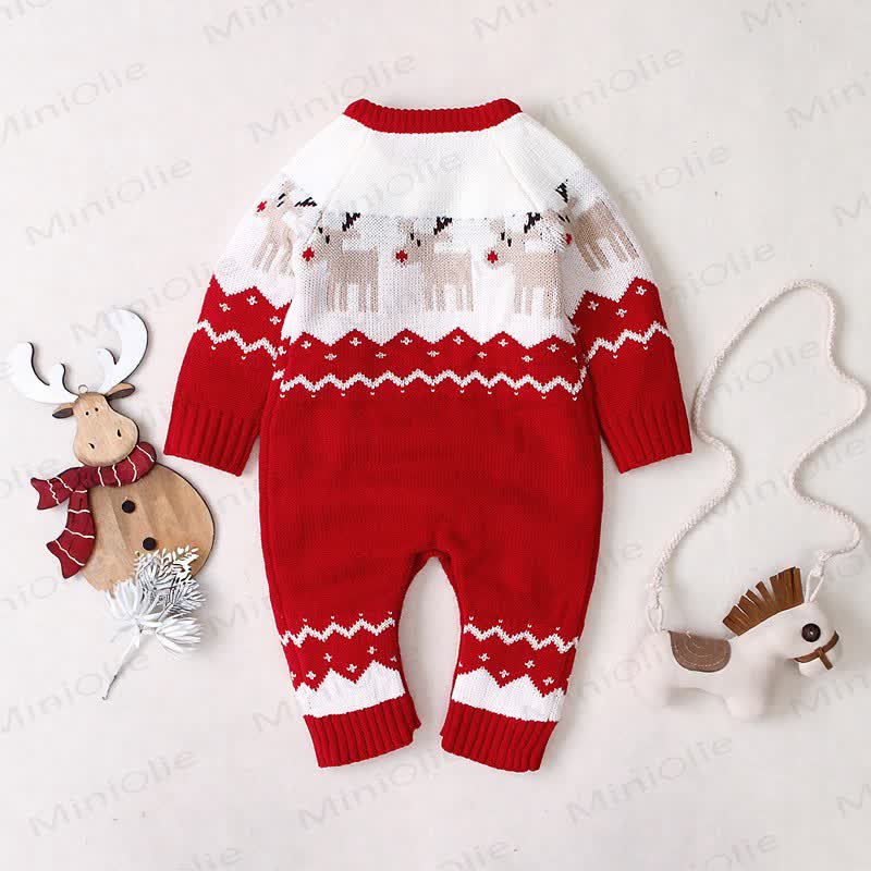 Baby Christmas Reindeer Jacquard Knit Colorblock Romper - image 3