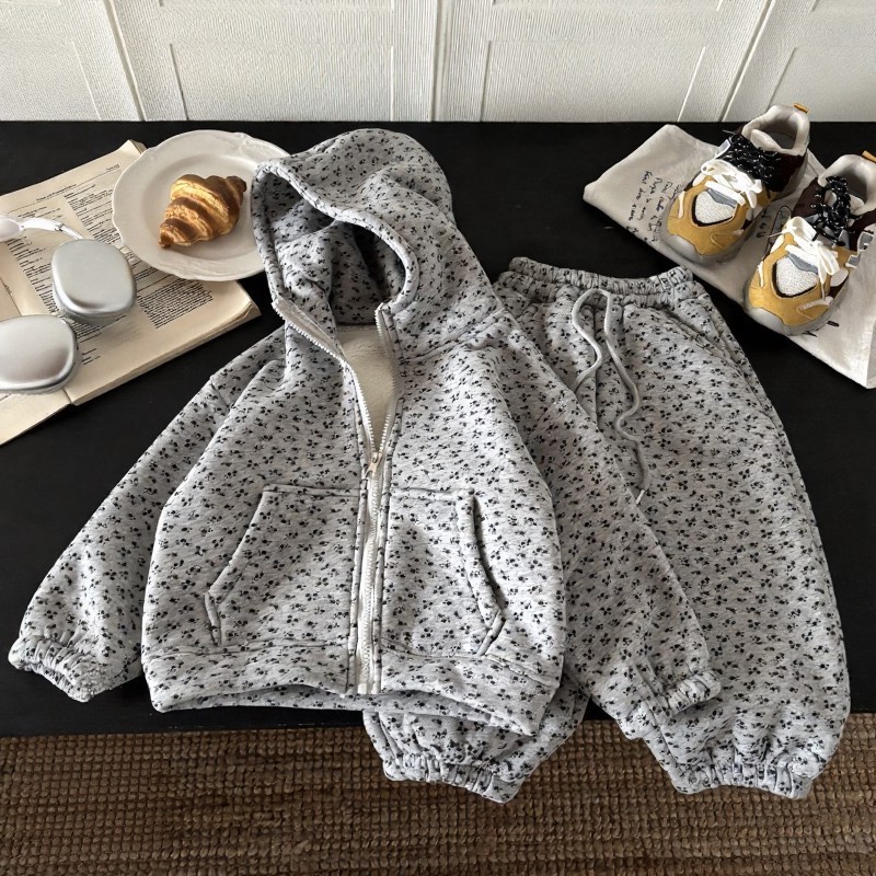 Toddler Grey Floral Fleece Lined Hoodie and Jogger 2-piece Set - Gray - 4-5T - image 1