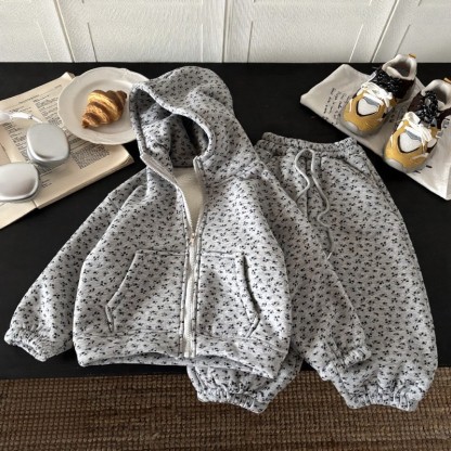 Toddler Grey Floral Fleece Lined Hoodie and Jogger 2-piece Set - Gray - 4-5T - image 1
