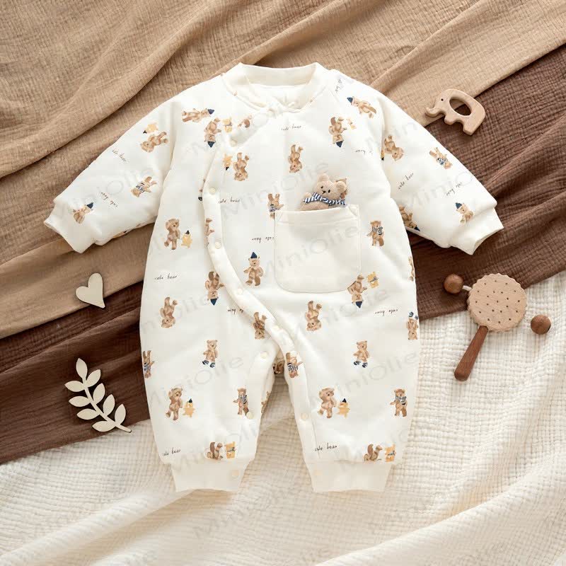 Baby Quilted Cotton Spring Romper - Beige Bear - Free Size - image 6