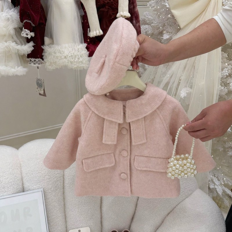 Baby Toddler Girl Pink Woolen Coat with Beret - Pink - 6-7T - image 1