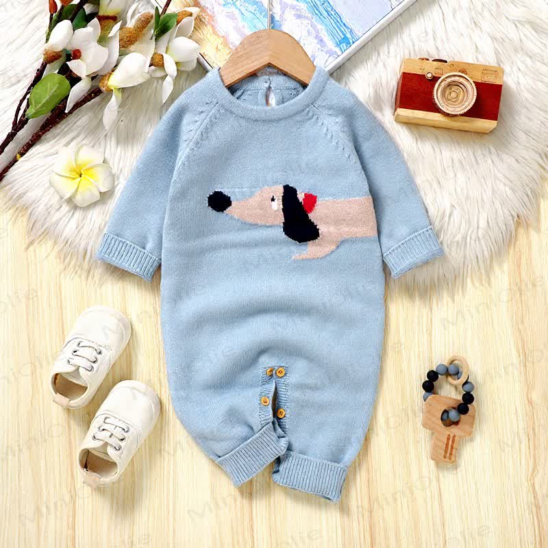 Baby Blue Knit Puppy Jacquard Long Sleeve Romper - image 1