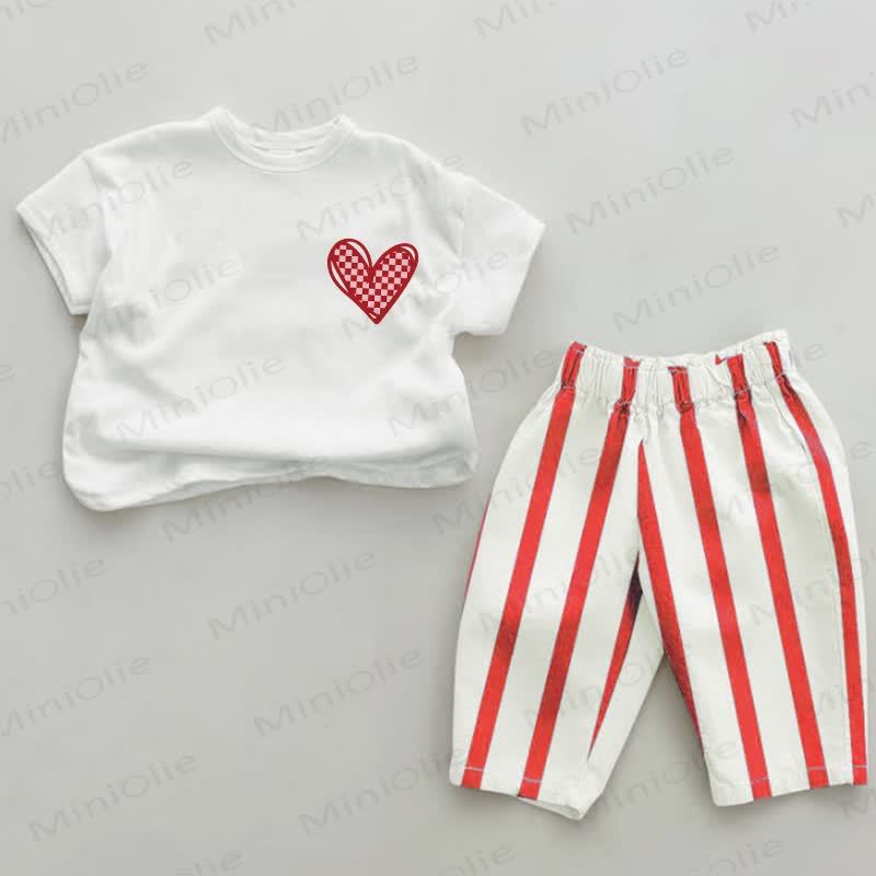 Baby Checkered Heart Pattern Red Vertical Striped 2-piece Set - White&Red - 2-3T - image 1