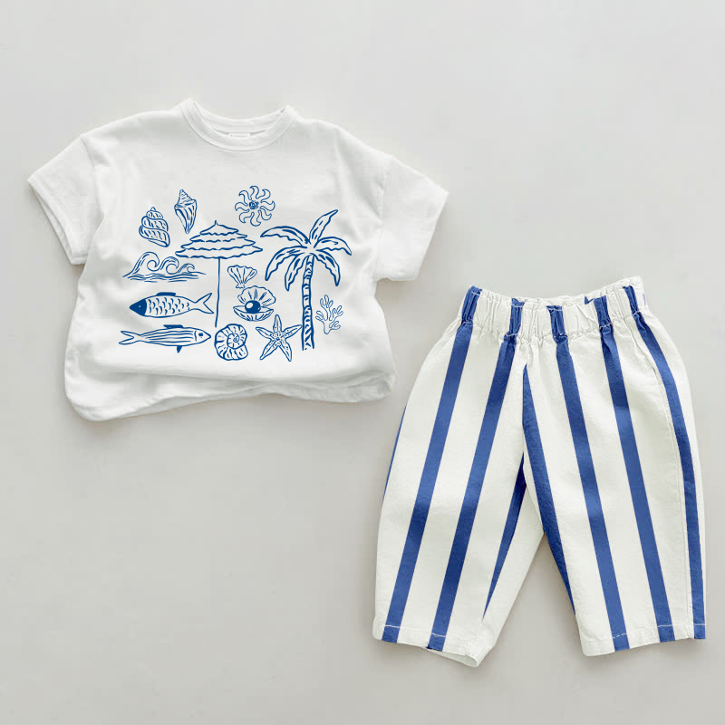 Baby Seaside Print Blue Vertical Striped 2-piece Set - White&Blue - 2-3T - image 1