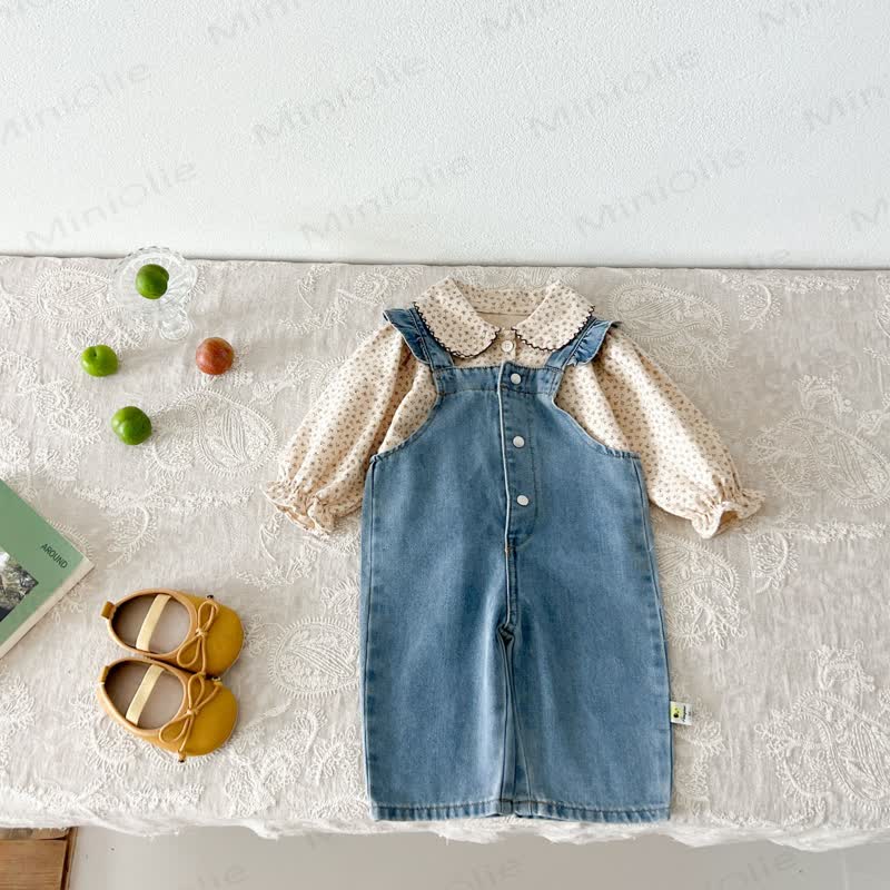 Baby Ruffled Denim Overalls Flower Blouse - image 2