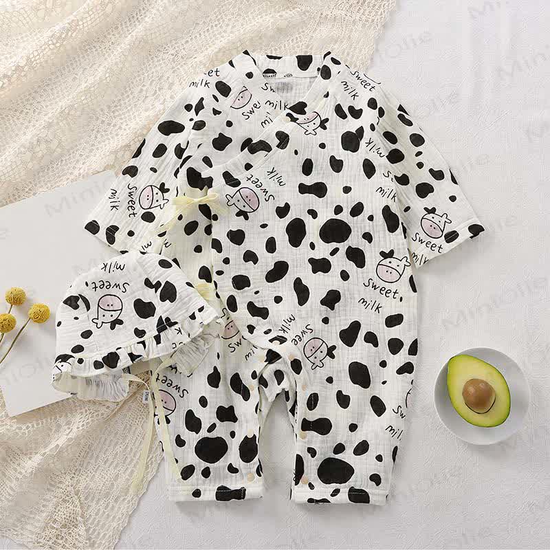 Baby Bear/Floral Gauze Romper with Ruffle Bonnet - Beige Cow - 18-24M - image 12