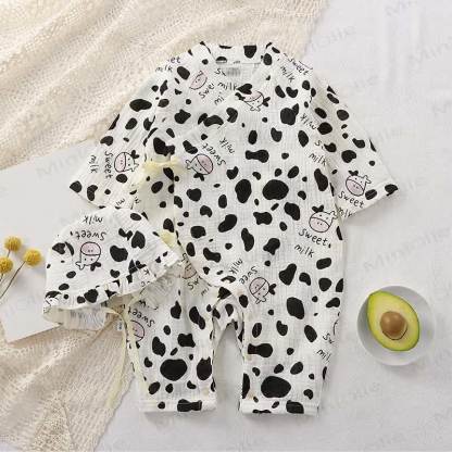 Baby Bear/Floral Gauze Romper with Ruffle Bonnet - Beige Cow - 18-24M - image 12