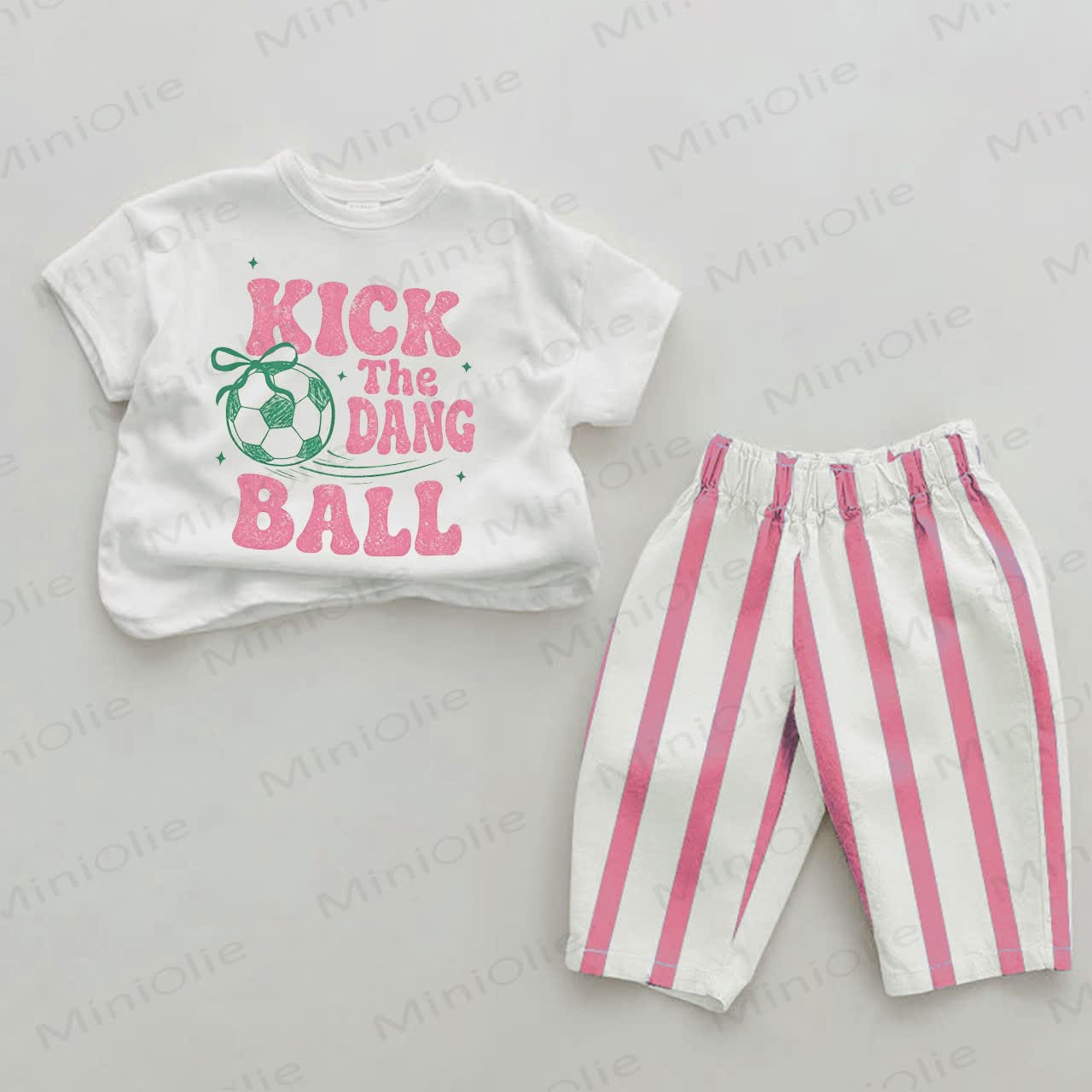 KICK THE DANG BALL Baby Girls Football Print Pink Vertical Striped 2-piece Set - White&Pink - 2-3T - image 1