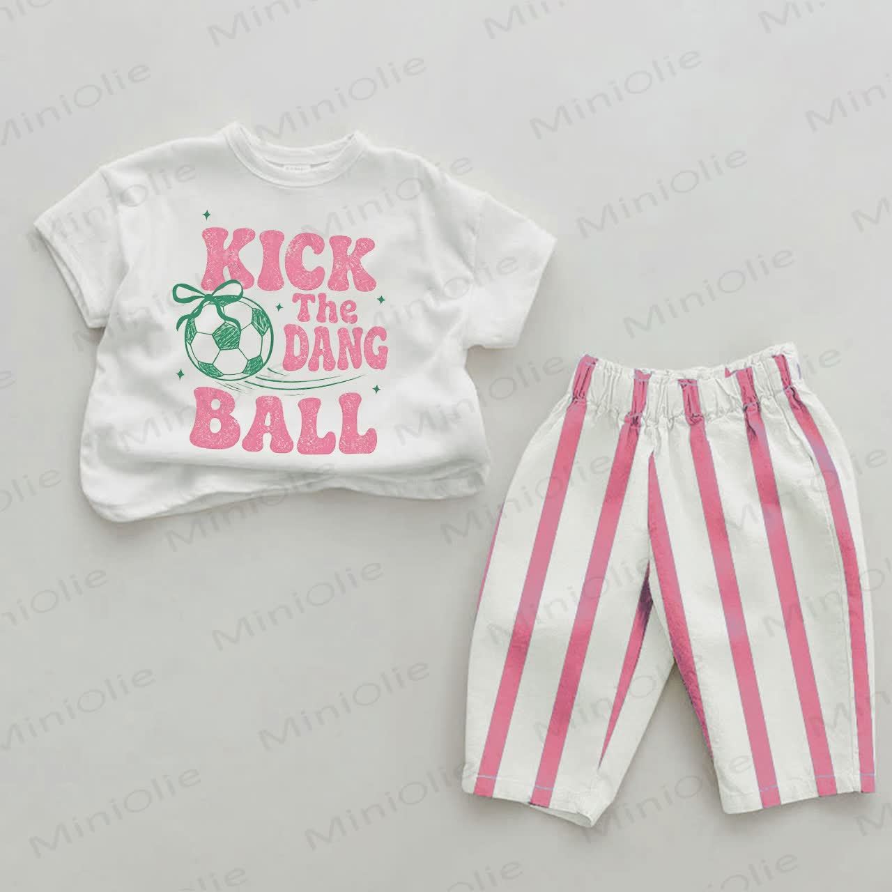 KICK THE DANG BALL Baby Girls Football Print Pink Vertical Striped 2-piece Set - White&Pink - 2-3T - image 1